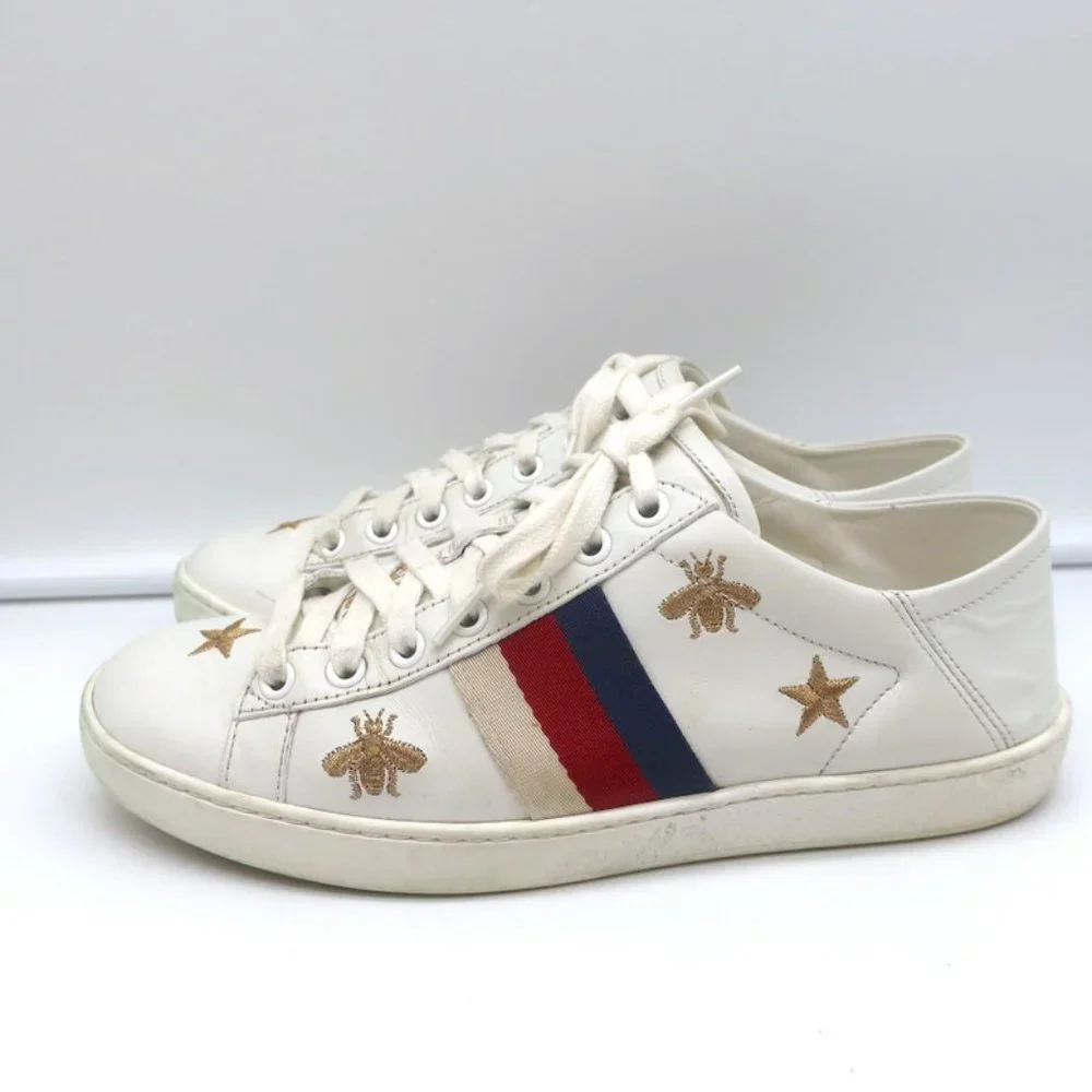 GUCCI ACE BEES & STARS EMBROIDERED SNEAKERS WHITE LEATHER SIZE 35.5 (Runs Large) - Picture 7 of 12